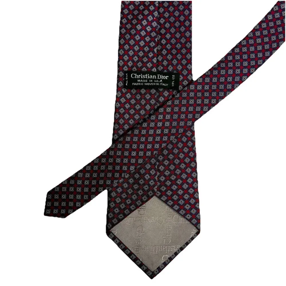 CHRISTIAN DIOR Men's Silk Tie - Red Navy Diamond Square Geometric 55.5